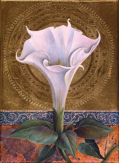 a painting of a white flower with green leaves on the bottom and gold background behind it