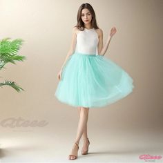 Qteee - Layered Tulle Skirt with Mesh Overlay and Flared Bottom Silhouette Mint, Tulle Midi Skirt, Layered Tulle Skirt, Half Skirt, Layered Skirt, Asymmetrical Design, Types Of Skirts, Petticoat, A Line Skirt