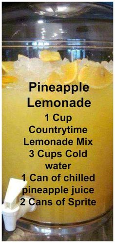 the ingredients for pineapple lemonade in a mason jar with text overlay that reads pineapple lemonade 1 cup count time lemonade mix 3 cups cold