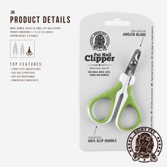 a pair of green scissors sitting on top of a white package with instructions for how to use them