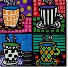 a painting of coffee cups and saucers on colorful squares with polka dot dots in the background