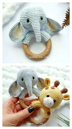 crocheted elephant and giraffe teethpicks are shown in three different views