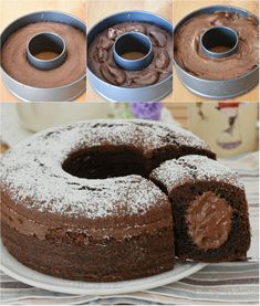 chocolate cake with powdered sugar on top and frosting in the middle being cut