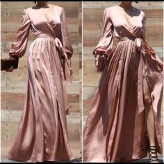 Gorgeous Champagne Color. The Sleeves Are Button And So Elegant. Slightly Balloon Sleeved. Elastic Waist Band With Tie. Two Slits. Room For Larger Chests! Model Is Wearing A Small 2/4 (5’6” 34/25/34) M Recommend For 6/8 L Recommend For 10/12 Size Up If You Are Between Sizes Sizes S,M,L Available Check Out My Closet For More Listings 3/$20 Bundle Deals 15% Off A Bundle Of 4 Or More Free Shipping On Orders Of $50 Or More Satin V-neck Maxi Dress With Side Slits, Satin Maxi Dress With Side Slits And V-neck, Spring Formal Split Maxi Dress, Spring Formal Maxi Dress With Split, Elegant Pink Split Maxi Dress, Pink Long Sleeve Satin Maxi Dress, Pink Satin Long Sleeve Maxi Dress, Pink Satin Maxi Dress With Long Sleeves, White Maxi Dress Summer