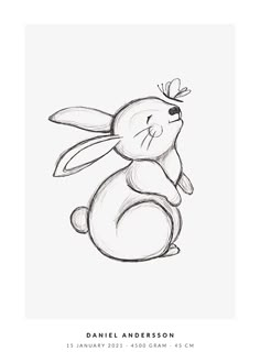 a black and white drawing of a bunny with a bow on its head, sitting down