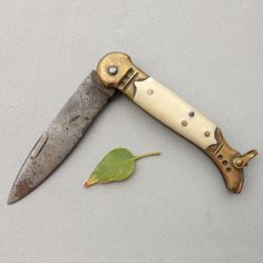 an old knife is laying on the ground next to a green leaf