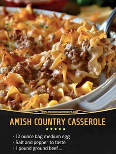 an advertisement for the amish country casserole with cheese and ground beef in it