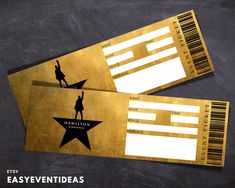 two golden tickets with black and white images on them, one has a star in the middle