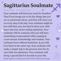 a poem written in purple and white with the words sagitarus soulmate