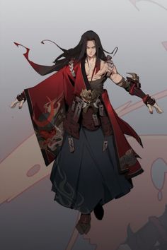 an anime character with long black hair and red cape, holding two swords in one hand