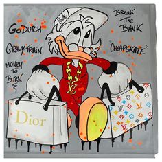 a painting of a cartoon character holding shopping bags and wearing a chef hat with the words dior written on it