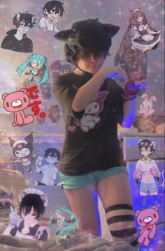 a girl with many stickers on her body standing in front of a wall full of cartoon characters