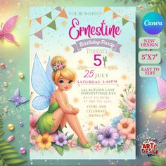 a birthday party flyer with a tinkerbell fairy sitting on top of flowers and butterflies