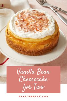 vanilla bean cheesecake for two on a white plate