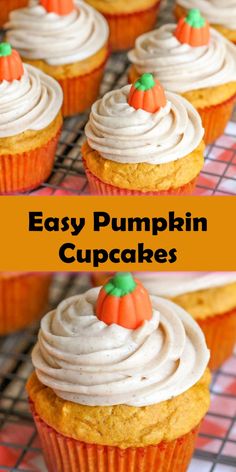 pumpkin cupcakes with white frosting on top