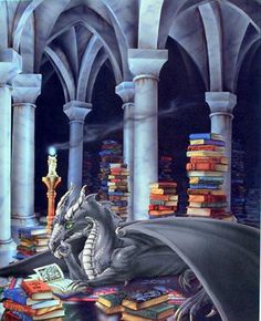 a dragon sitting on top of a pile of books in a room filled with columns