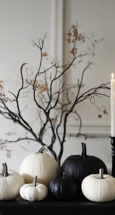 white and black pumpkins are sitting on a mantle