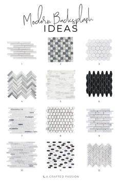 modern backsplash ideas in black and white with text overlaying the image