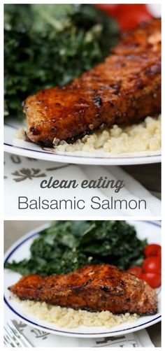 two plates filled with meat and vegetables on top of each other next to the words clean eating balsamic salmon