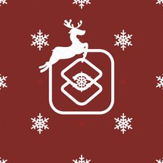 a red background with white snowflakes and a reindeer on the top of it