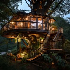 a tree house is lit up at night with lights on the balcony and stairs leading to the upper level