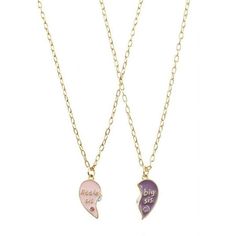 The perfect "Wear-One-Share-One" gift for sisters and best friends! Share one of these cute heart necklaces with your big or little sister to let her know how special she is. This cute BFF necklace set by Wonder Nation celebrates the unique bond between sisters, and includes two goldtone, half-heart BFF pendant necklaces that connect magnetically. "Little Sis" half is pink and "Big Sis" half is purple. Necklaces are 16" long with 3" extenders. Size: one size.  Color: Metal Type.  Gender: female.  Age Group: adult. Sister Necklace For 2, Cute Heart Necklaces, Bff Pendant, Sister Necklaces For 2, Purple Necklaces, Necklace Sister, Bff Necklace, Half Heart, Big Sister Little Sister