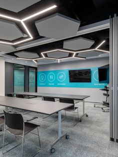 an empty conference room with tables and chairs