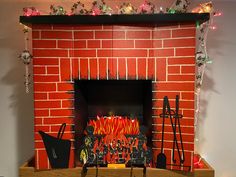 a brick fireplace decorated with halloween decorations