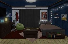 a cartoon bedroom with a bed, desk and television