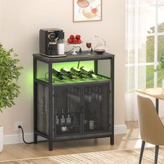 a cabinet with wine bottles and glasses in it next to a potted plant on a table