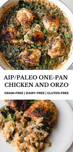 chicken and orzo with spinach in a skillet next to the same dish