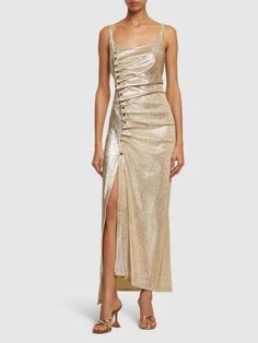 Lurex jersey side buttons gathered dress - Rabanne - Women | Luisaviaroma Gathered Dress, Gold Dress, How To Wear, Gold