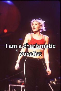 a woman in a red top and black pants with the words i am a charismtic vocalist