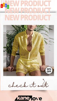 Men Casual Stand Collar Lace Long Sleeve Solid Color Shirt and Shorts Two Piece Set Yellow Long Sleeve Sets For Summer, Yellow Long Sleeve Summer Set, Summer Yellow Long Sleeve Sets, Yellow Relaxed Fit Summer Sets, Shirt And Shorts, Lace Long Sleeve, Solid Color Shirt, Color Shirt, Two Piece Set