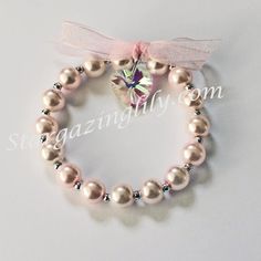 Soft Baby pink pearl bracelet crystal heart pink by stargazinglily, $5.50 Kids Party Crafts, Pink Pearl Bracelet, Clear Heart, Ribbon Bracelets, Communion Gifts, Bracelet Crystal, Soft Baby, Girl Stuff, Pink Pearl