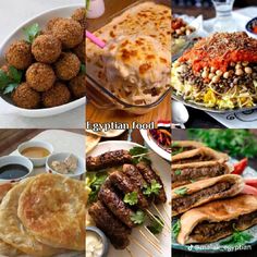 several different types of food on plates and in bowls, with the words egyptian food above them