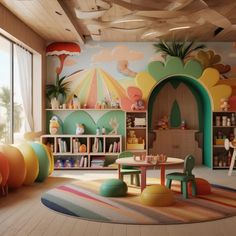 a child's playroom with colorful walls and furniture