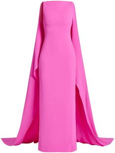 pink crepe texture boat neck sleeveless cape design floor-length Pink Cape, Cape Designs, Vestidos Color Rosa, Pink Long Dress, Solace London, Texture Fabric, Pink Maxi Dress, Summer Beach Wear, Blouse Outfit