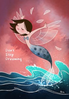 a drawing of a mermaid with wings floating in the air above water and waves under a pink sky