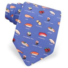 Sushi Tie by Alynn Novelty Blue Silk Neckwear With Ties, Blue Ties For Summer Gift, Blue Tie For Summer Gift, Blue Ties As Summer Gift, Blue Tie For Summer As A Gift, Summer Neckwear As Gift, Different Types Of Sushi, Types Of Sushi, Tie Shop