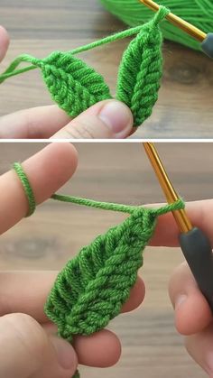 two pictures showing how to crochet the leaves with green yarn and gold knitting needles