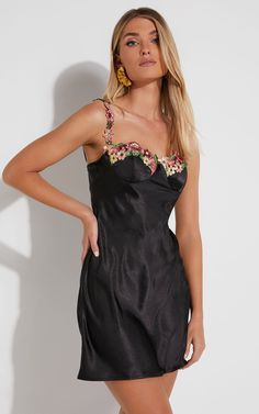 Euphony Mini Dress- Floral Detail Cup Bust Satin Dress in Black | Showpo USA Sleeveless Bodycon Dress, Satin Mini Dress, Black Bodycon Dress, Black Slip Ons, The Dance, Satin Dress, Dress Floral, Party Night, Dance Floor