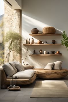 a living room filled with lots of furniture next to a wall mounted potted plant