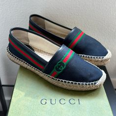 Gucci Canvas Espadrilles Size 37 Well Loved Condition Box And Dust Bag Included Gucci Closed Toe Espadrilles For Summer, Gucci Summer Closed Toe Espadrilles, Gucci Closed-toe Espadrilles For Summer, Gucci Espadrilles With Round Toe And Branded Insole, Gucci Leather Beach Espadrilles, Gucci Leather Espadrilles For Beach, Gucci Casual Round Toe Espadrilles, Casual Gucci Espadrilles With Round Toe, Casual Gucci Espadrilles