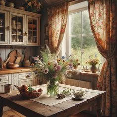 a table with flowers and fruit on it in front of a window