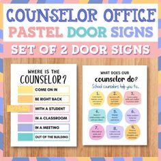 two posters with the words,'counselor office pastel door signs set of 2 door signs