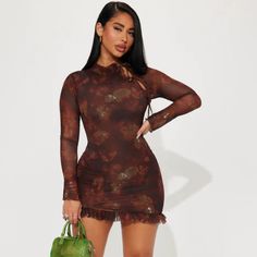 Mini Dress Mock Neckline Long Sleeves Tie Detail Ruffle Hem Lined Stretch Length = 33" Disclaimer Print Placement May Vary 95% Polyester 5% Spandex Lining: 95% Polyester 5% Spandex Imported Floral Print Bodycon Mini Dress For Fall, Fall Floral Print Bodycon Mini Dress, Spring Brown Bodycon Dress, Fashion Nova Dress, Fashion Nova Dresses, Mock Neckline, Print Placement, Mesh Dress, Ruffle Hem