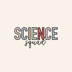 the word science squad written in black and red on a white background with an orange stripe