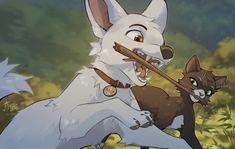 an animated image of a dog and cat playing with each other in the grass, one has a stick in it's mouth