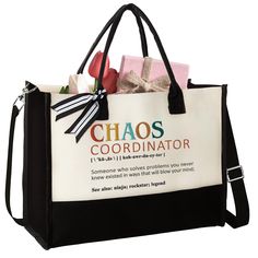 a black and white tote bag with the words chaos coordinating on it